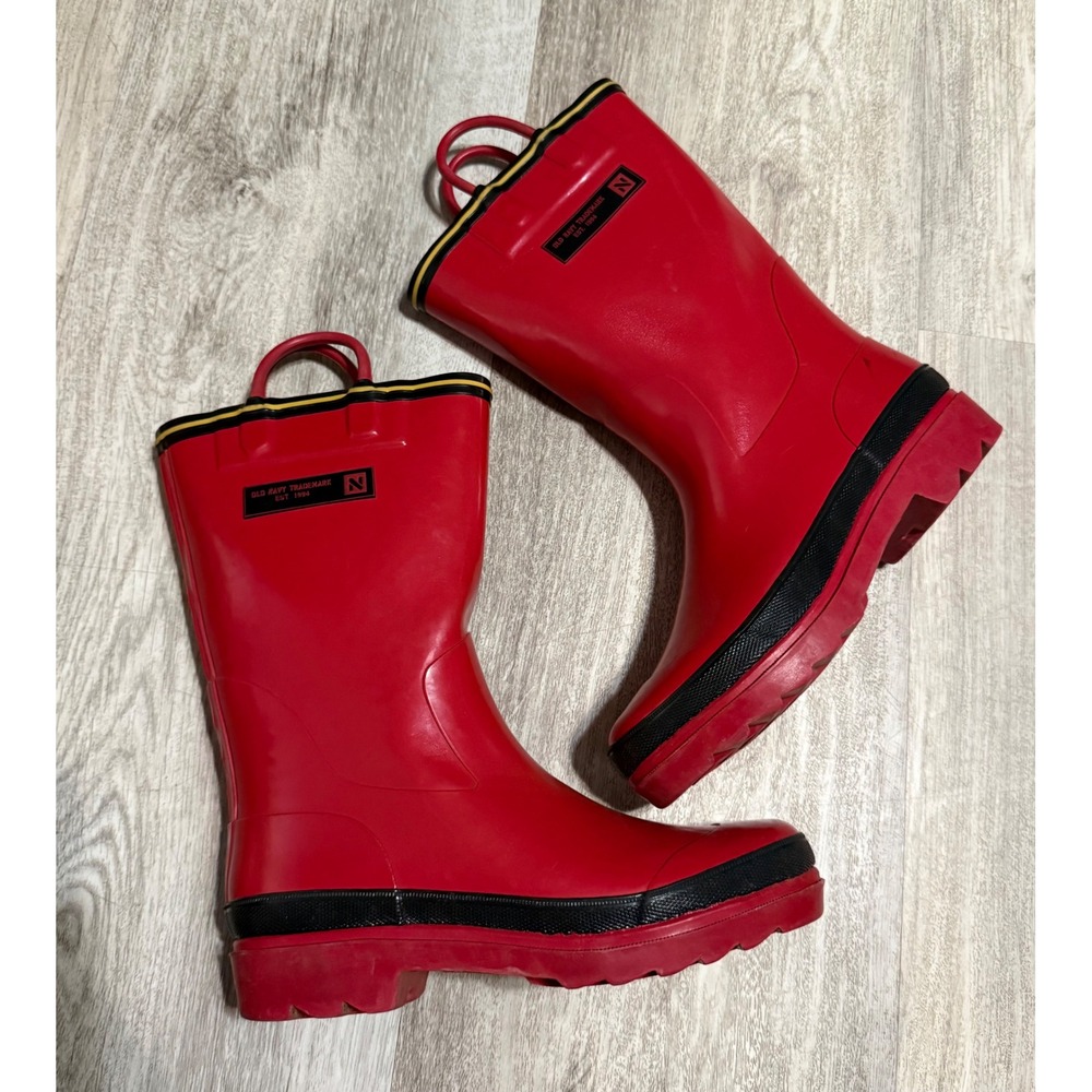 Old Navy Kids Red Rubber Rain Boots Pull On Waterproof Size 4 Steel Shank